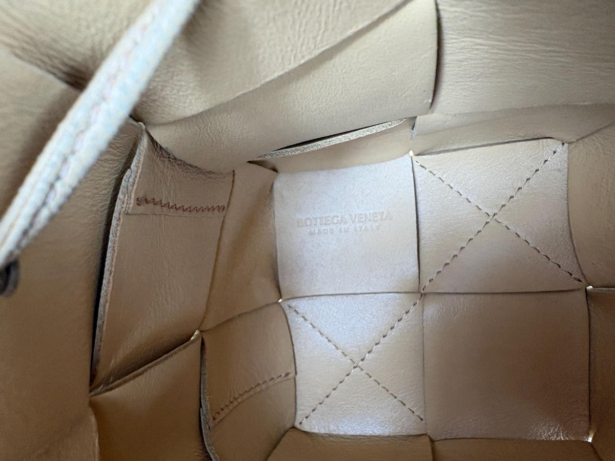 Authentic Bottega Veneta Beige Mini Cassette Bucket Leather Crossbody Bag