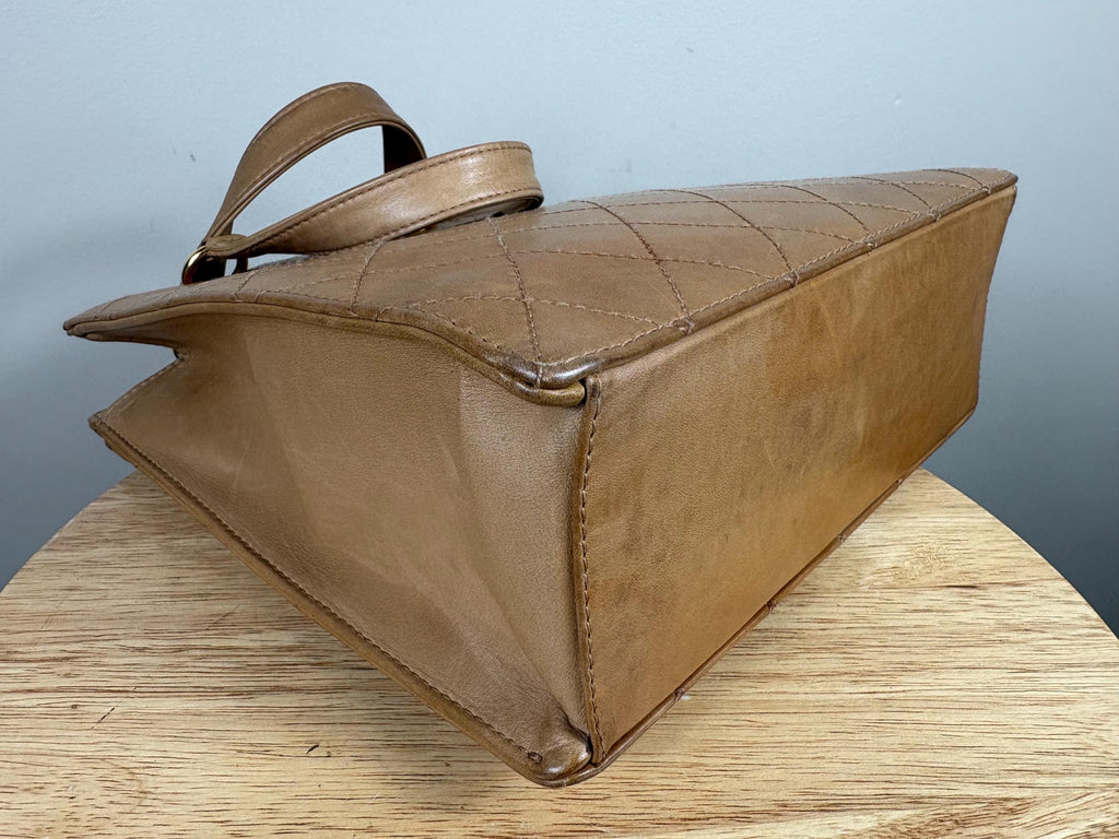 Authentic Chanel Vintage Matelasse Brown Lambskin Double Stitch Top Handle Bag w/ COA