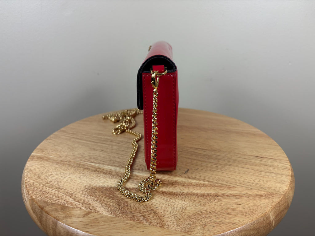 Authentic Fendi Vitello Cruise Red Patent Leather Wallet on Chain