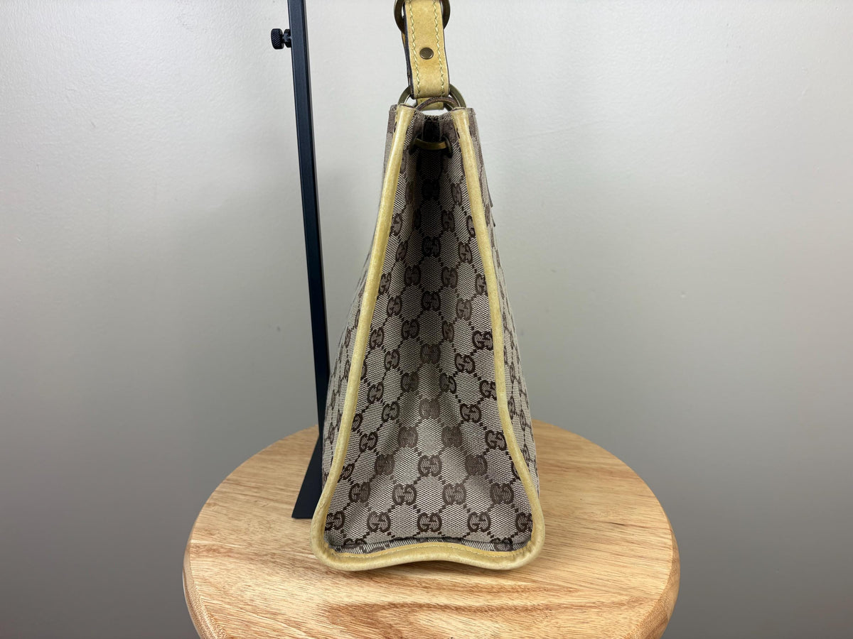 Authentic Gucci GG Cloth and Yellow Leather Shoulder Tote