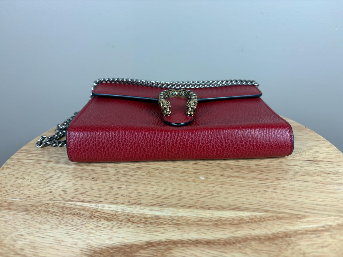 Authentic Gucci Calfskin Mini Dionysus Chain Wallet Red