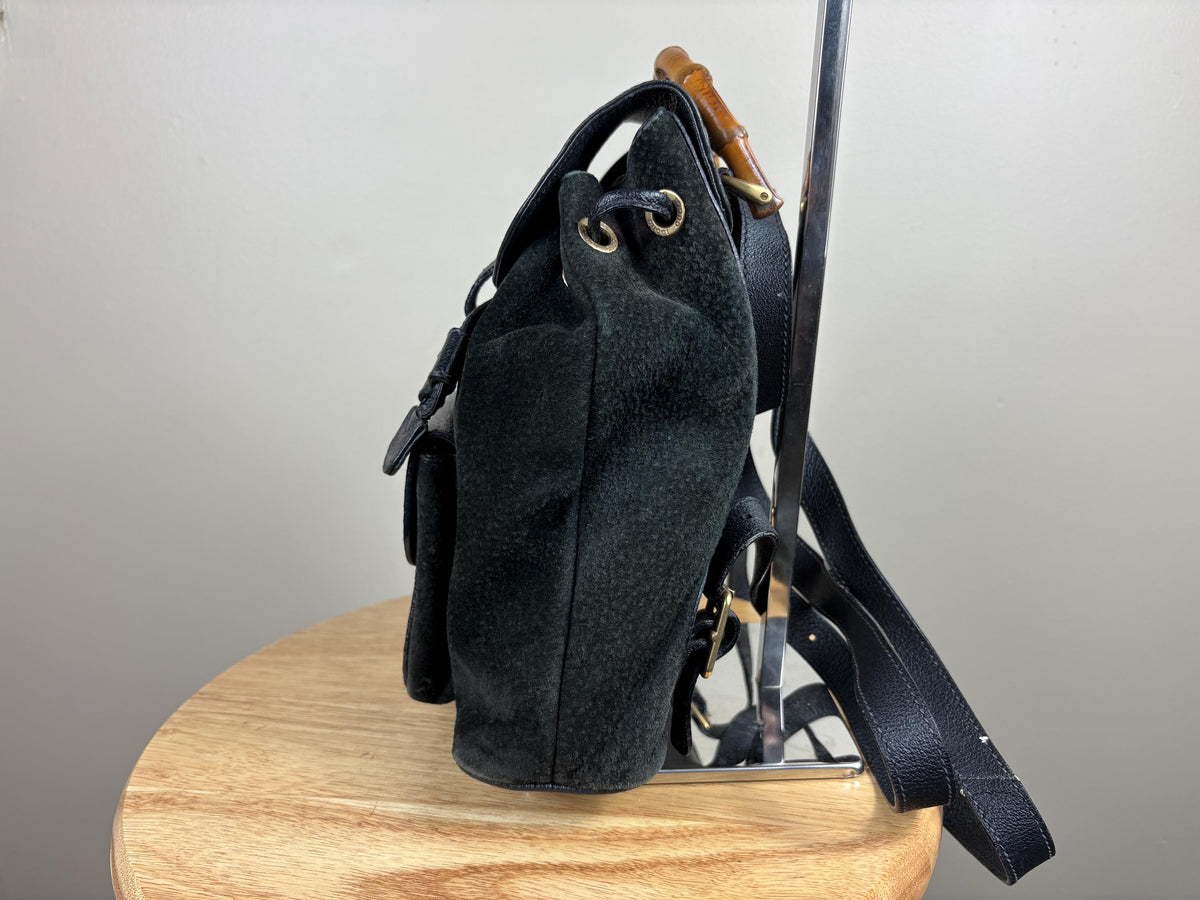 Authentic Gucci Black Suede Bamboo Handle Backpack