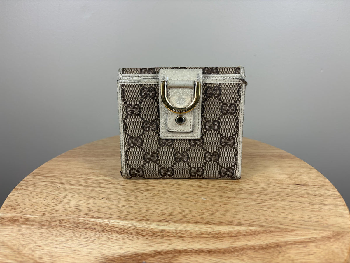 Authentic Gucci Compact Wallet White Leather GG
