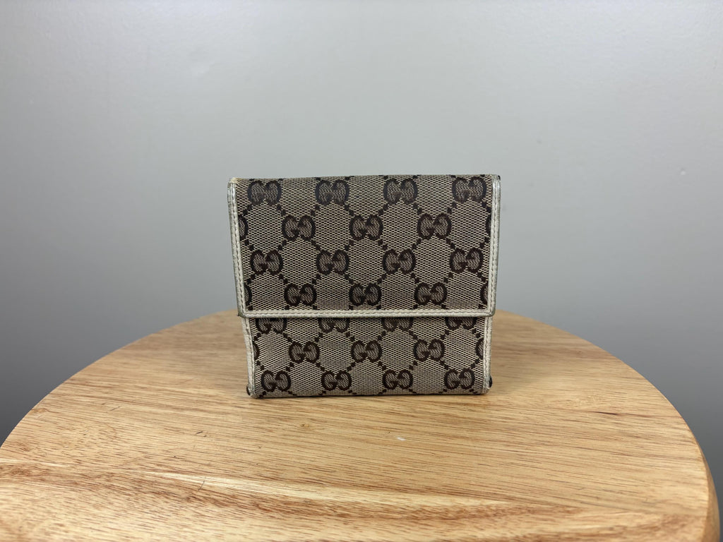 Authentic Gucci Compact Wallet White Leather GG