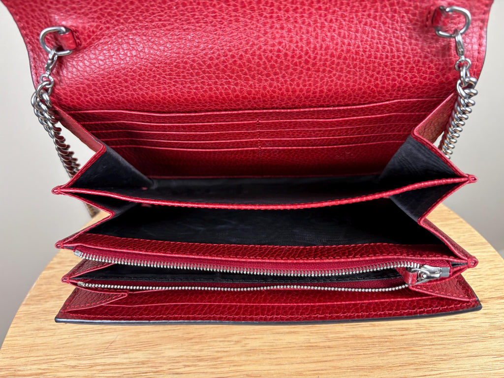 Authentic Gucci Calfskin Mini Dionysus Chain Wallet Red