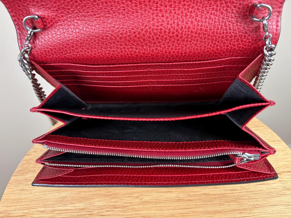 Authentic Gucci Calfskin Mini Dionysus Chain Wallet Red