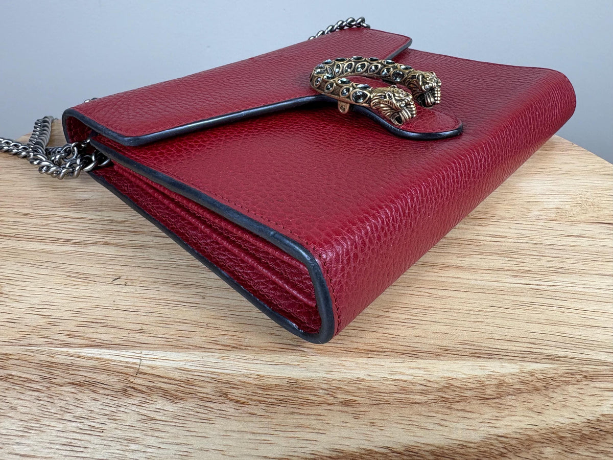 Authentic Gucci Calfskin Mini Dionysus Chain Wallet Red