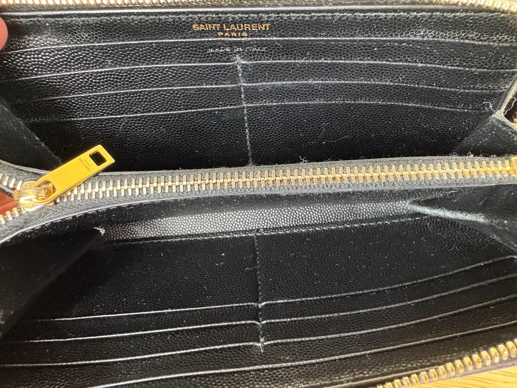 Authentic Saint Laurent YSL Black Leather Zippy Wallet w/ Gold Hardware