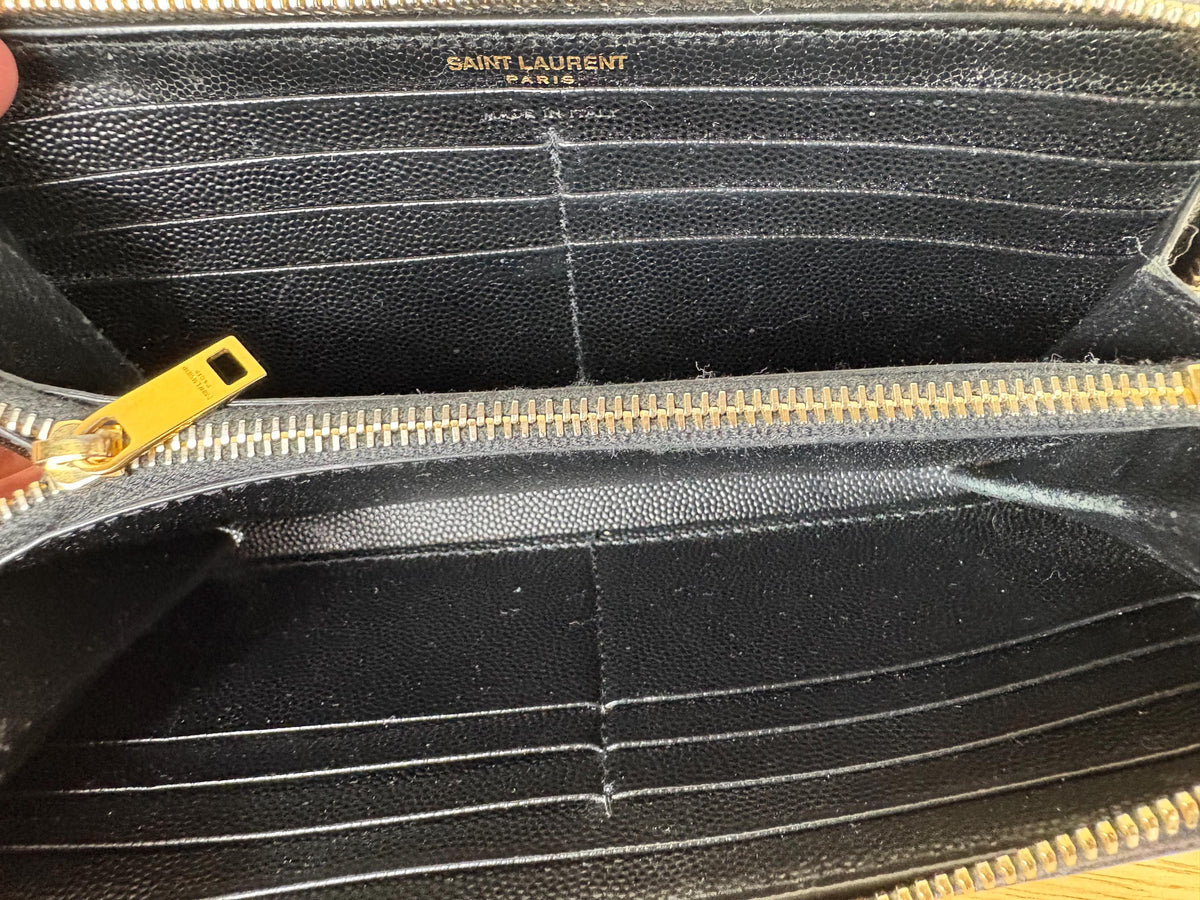 Authentic Saint Laurent YSL Black Leather Zippy Wallet w/ Gold Hardware