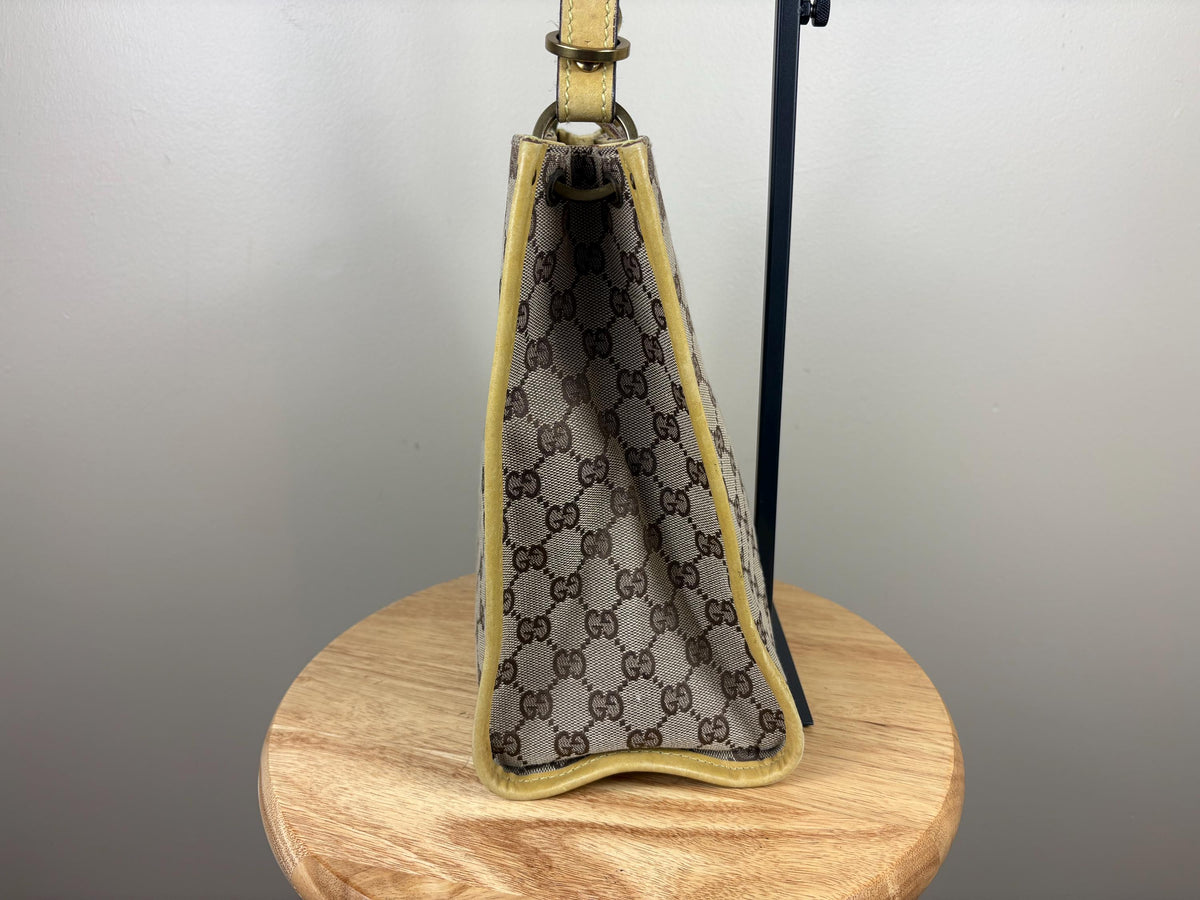 Authentic Gucci GG Cloth and Yellow Leather Shoulder Tote