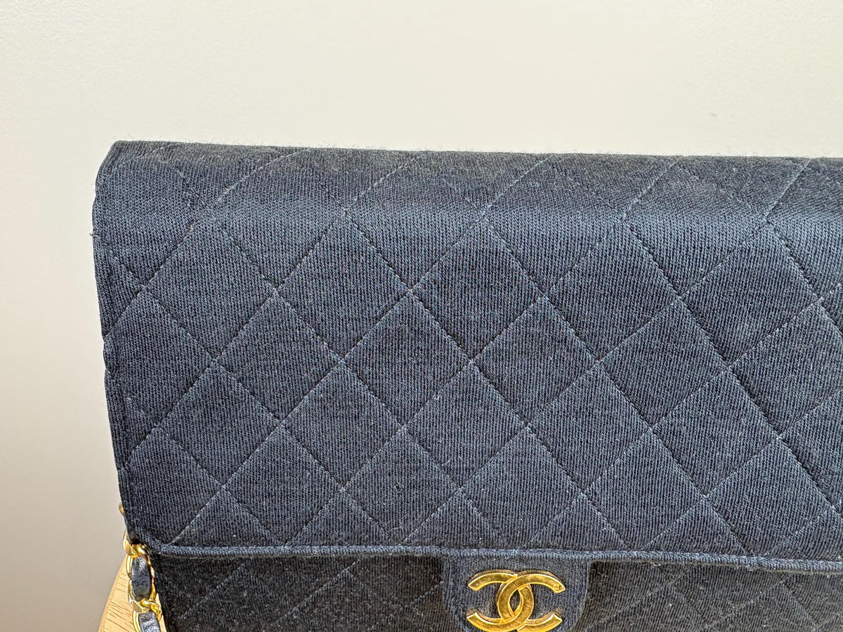 Authentic Chanel Vintage Quilted Diamond Jersey Single Flap Black Shoulder Bag w/ Gold Hardware