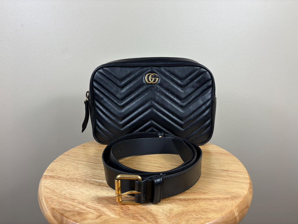 Authentic Gucci Marmont Matelasse Black Leather Belt Bag Size (90/36)