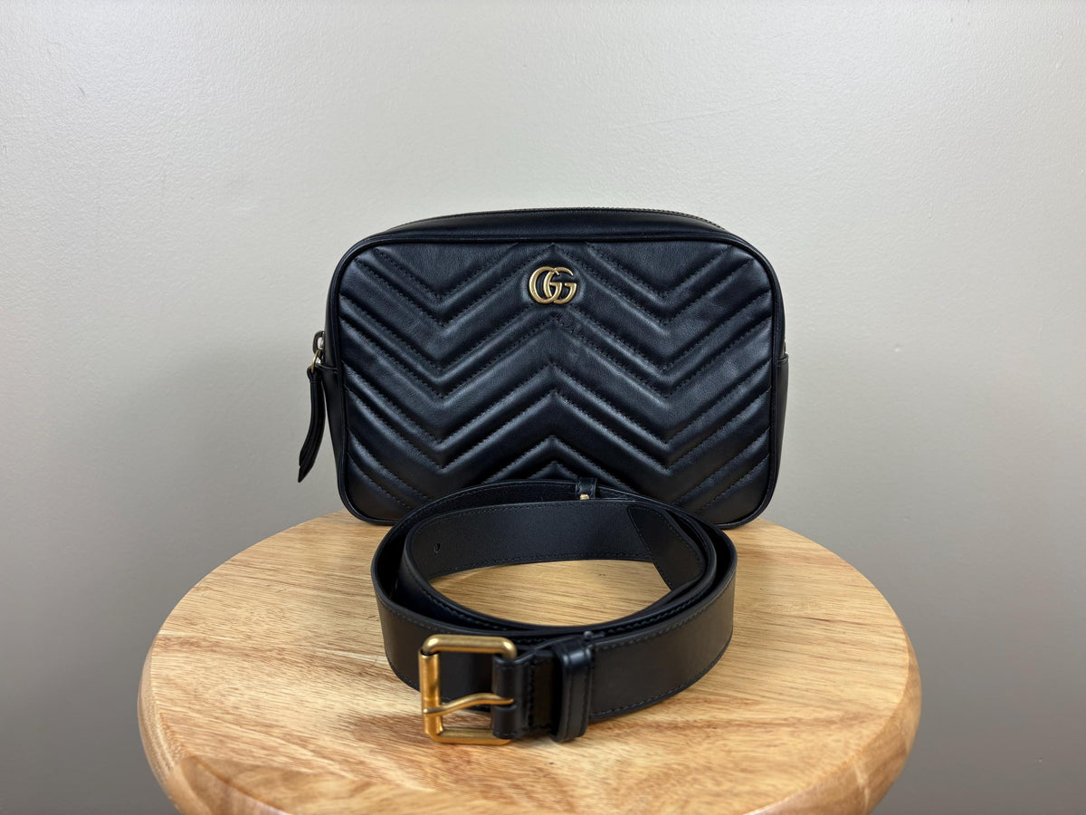 Authentic Gucci Marmont Matelasse Black Leather Belt Bag Size (90/36)