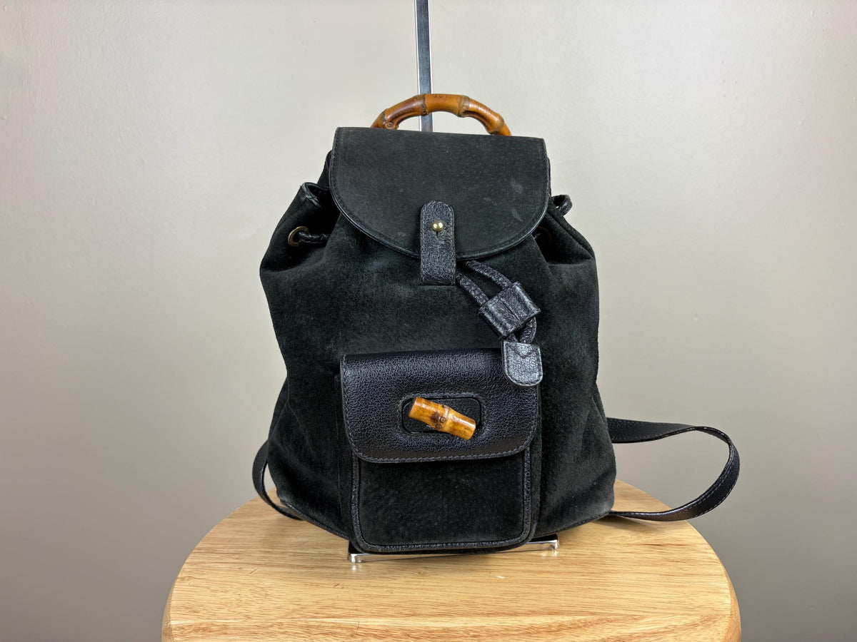 Authentic Gucci Black Suede Bamboo Handle Backpack