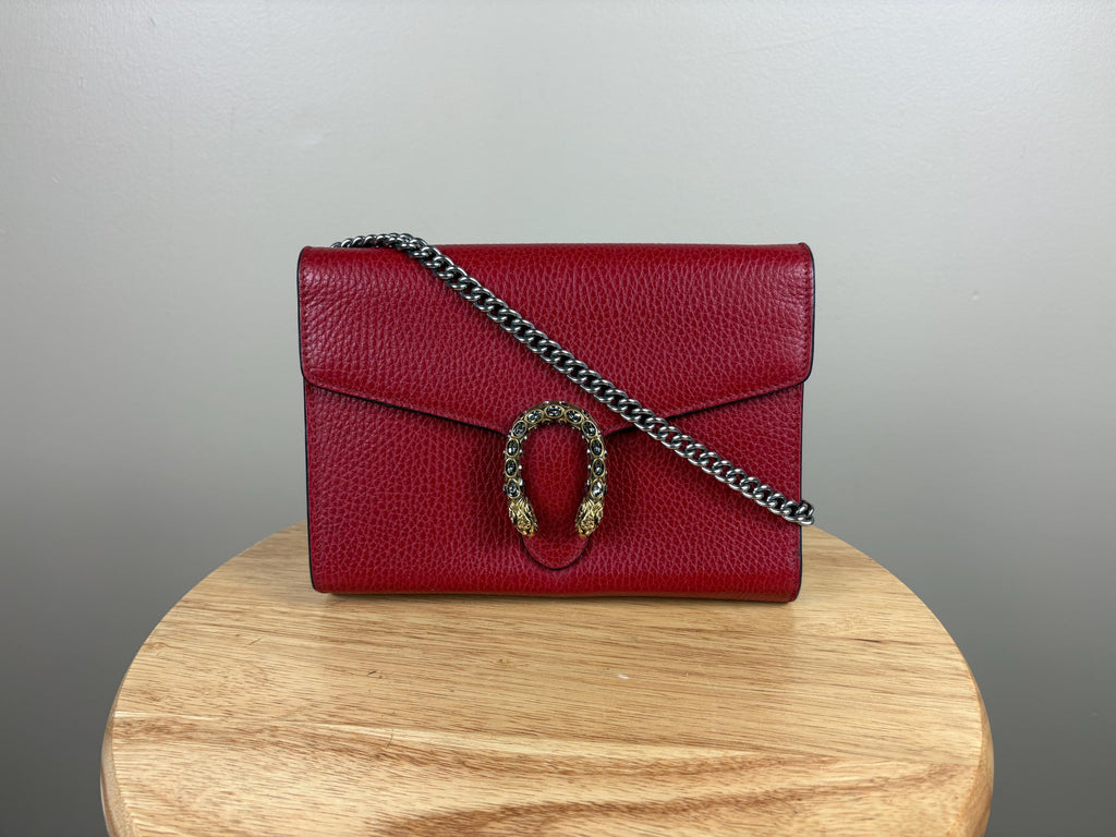 Authentic Gucci Calfskin Mini Dionysus Chain Wallet Red