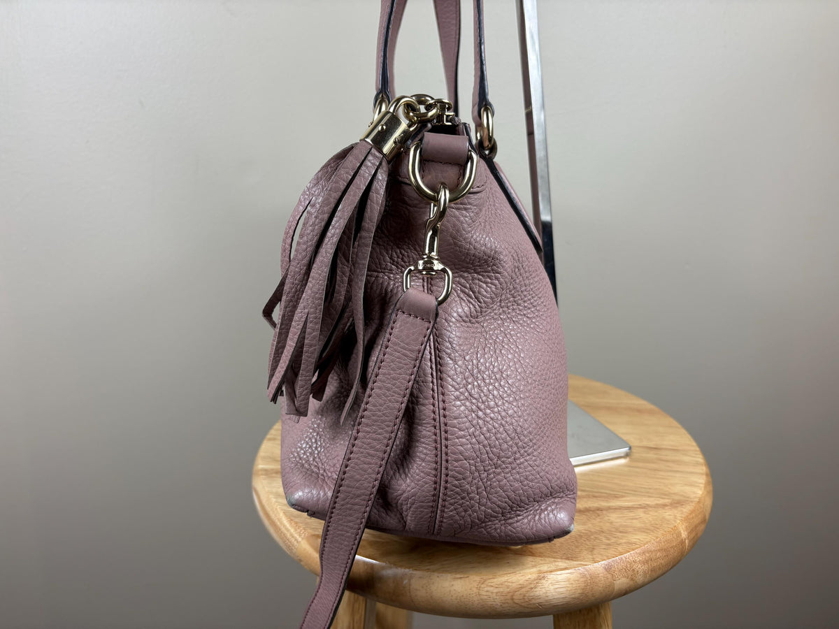 Authentic Gucci Soho GG Light Pink Pebbled Leather Shoulder Bag