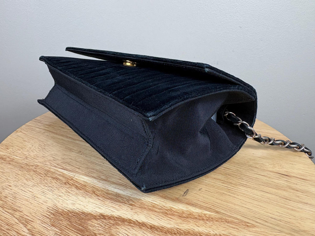 Authentic Chanel Vintage Mademoiselle Velvet Stripe Black Shoulder Bag