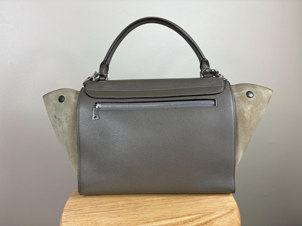 Authentic Celine Trapeze Leather Gray 2-Way Handbag Luggage