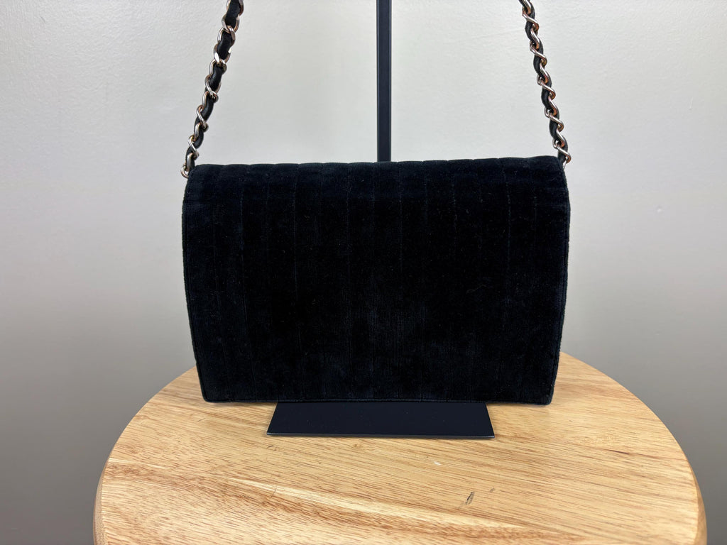 Authentic Chanel Vintage Mademoiselle Velvet Stripe Black Shoulder Bag