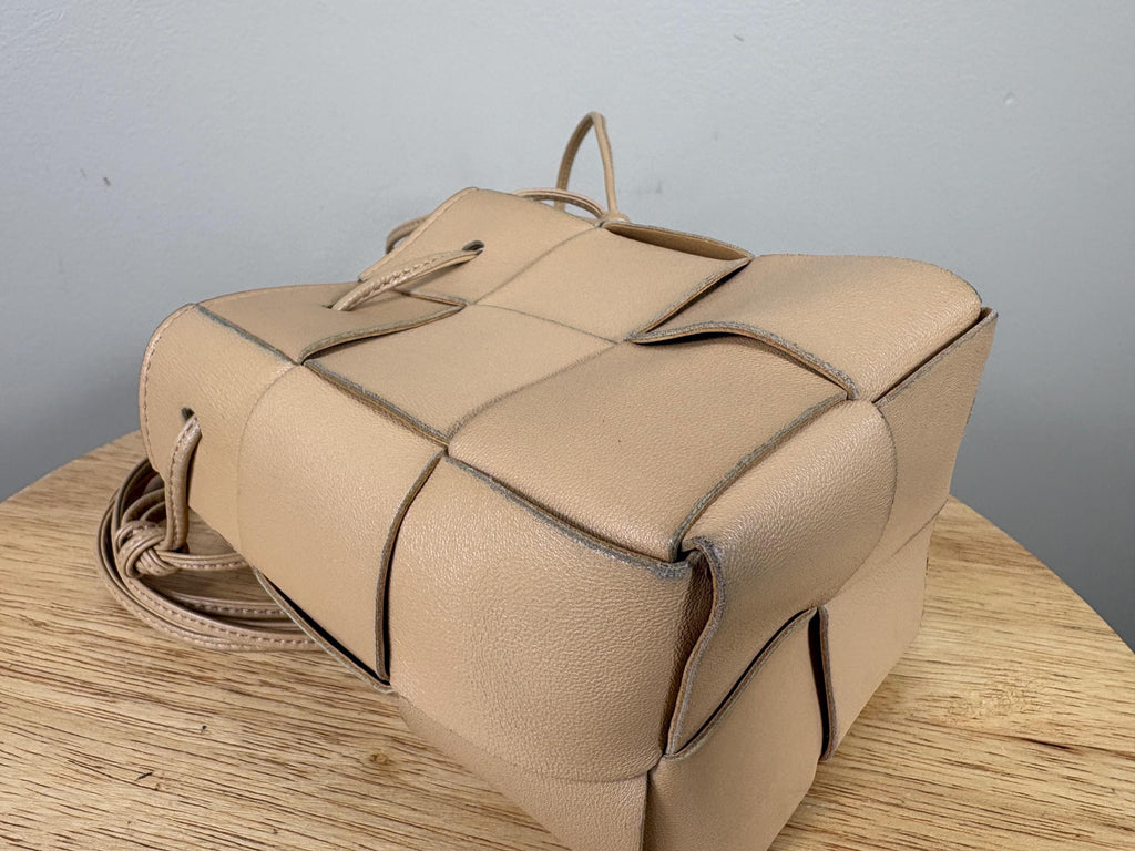 Authentic Bottega Veneta Beige Mini Cassette Bucket Leather Crossbody Bag