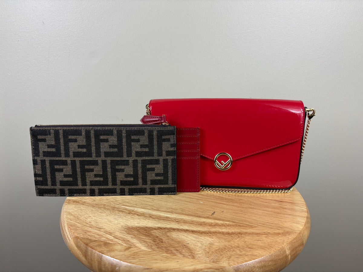 Authentic Fendi Vitello Cruise Red Patent Leather Wallet on Chain