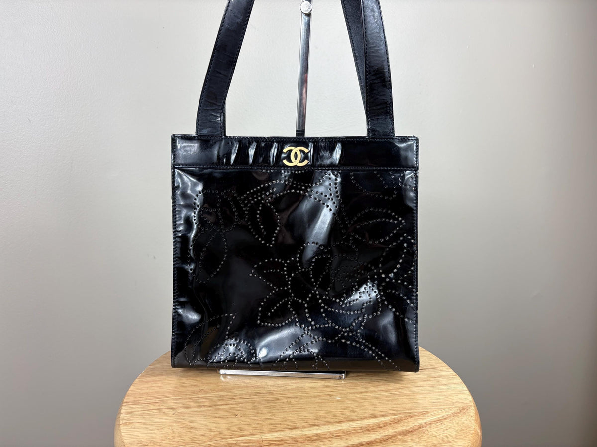 Authentic Chanel Vintage Patent Leather Camellia Magnetic Tote Bag w/ COA