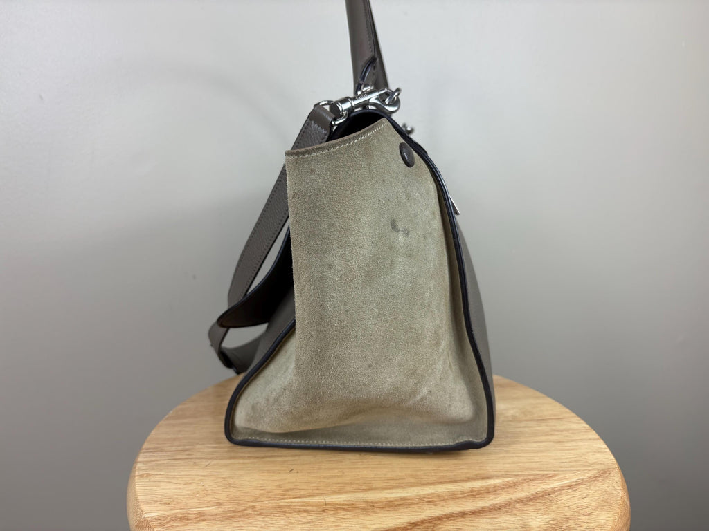 Authentic Celine Trapeze Leather Gray 2-Way Handbag Luggage