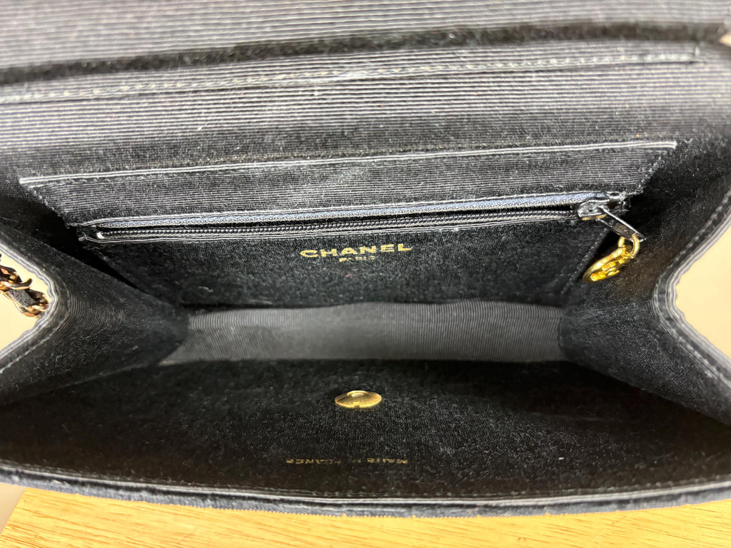 Authentic Chanel Vintage Mademoiselle Velvet Stripe Black Shoulder Bag
