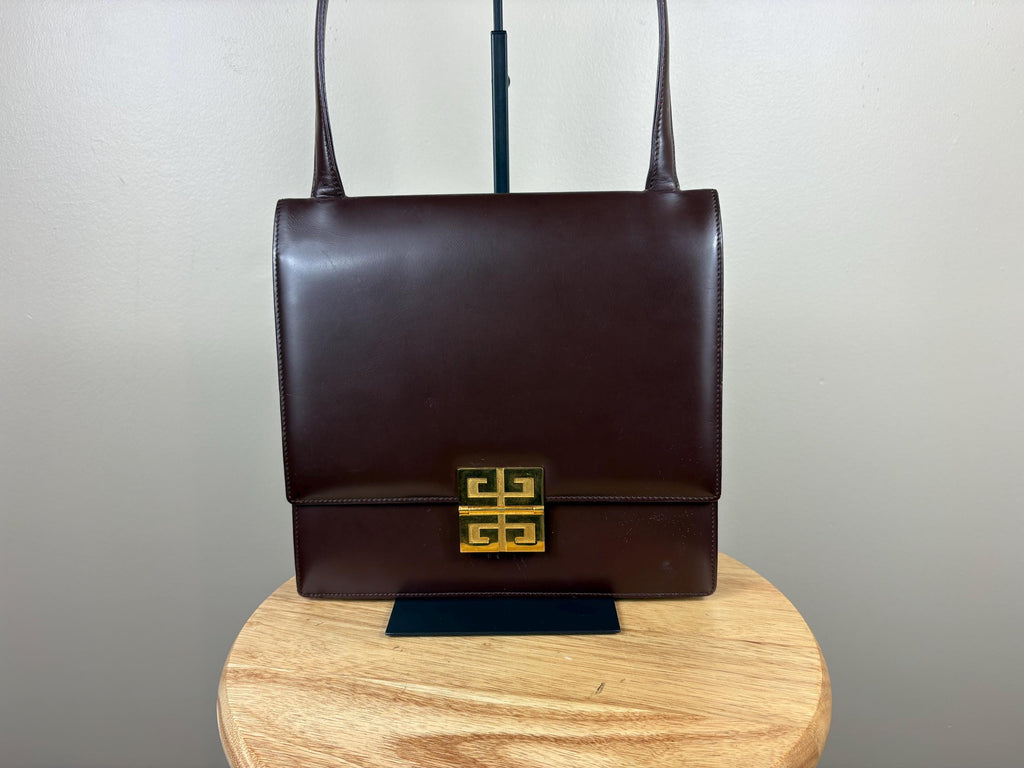 Authentic Givenchy Brown Leather Top Handle Shoulder Bag w/ Gold Hardware