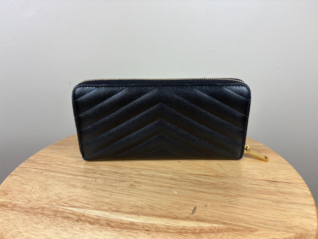 Authentic Saint Laurent YSL Black Leather Zippy Wallet w/ Gold Hardware