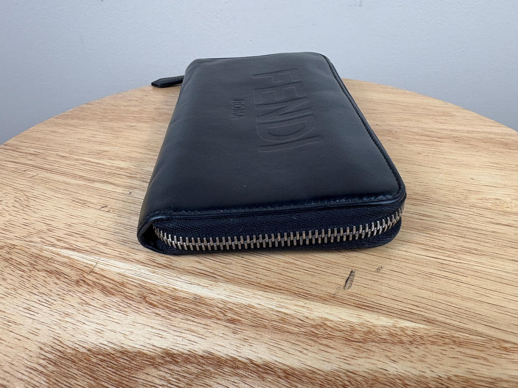 Authentic Fendi Logo Long Zippy Wallet Black Leather