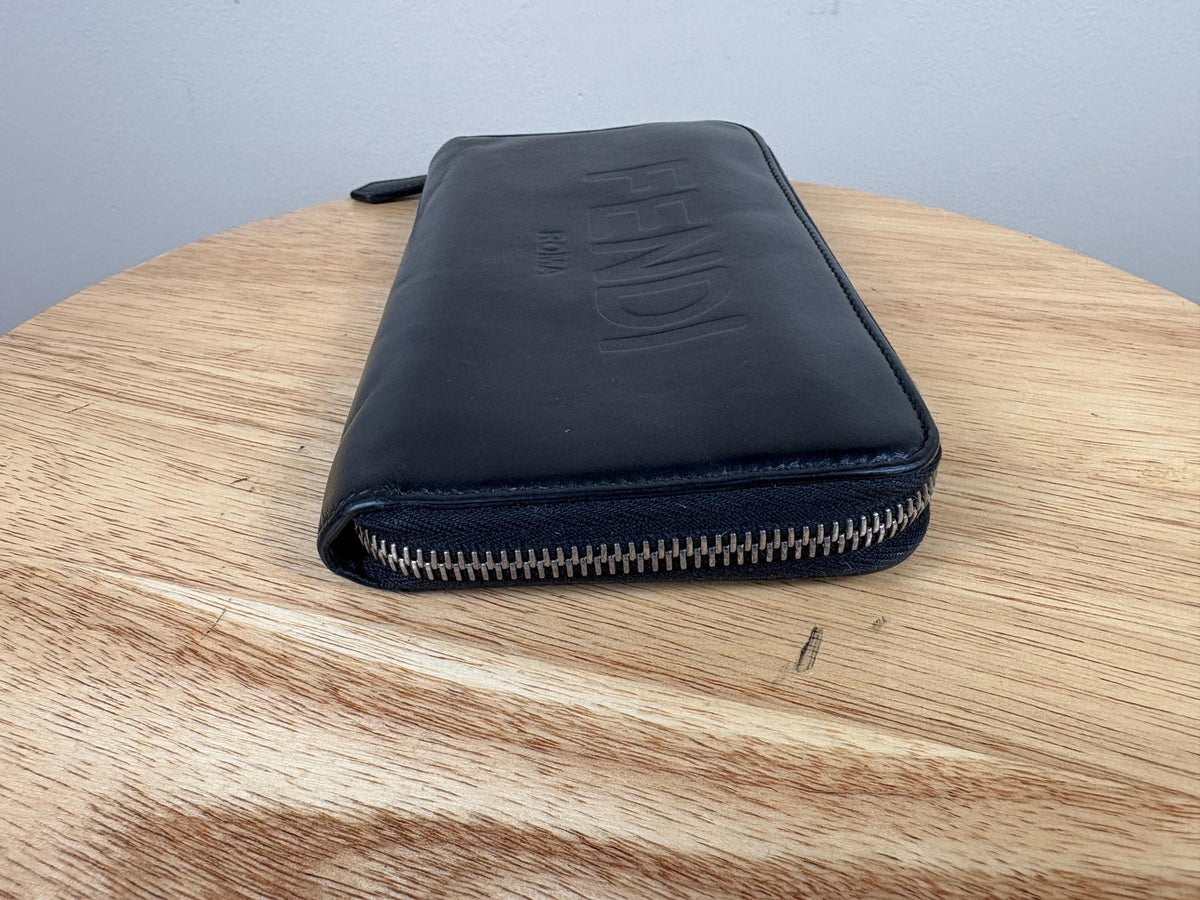 Authentic Fendi Logo Long Zippy Wallet Black Leather