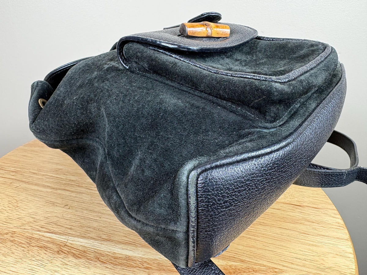 Authentic Gucci Black Suede Bamboo Handle Backpack