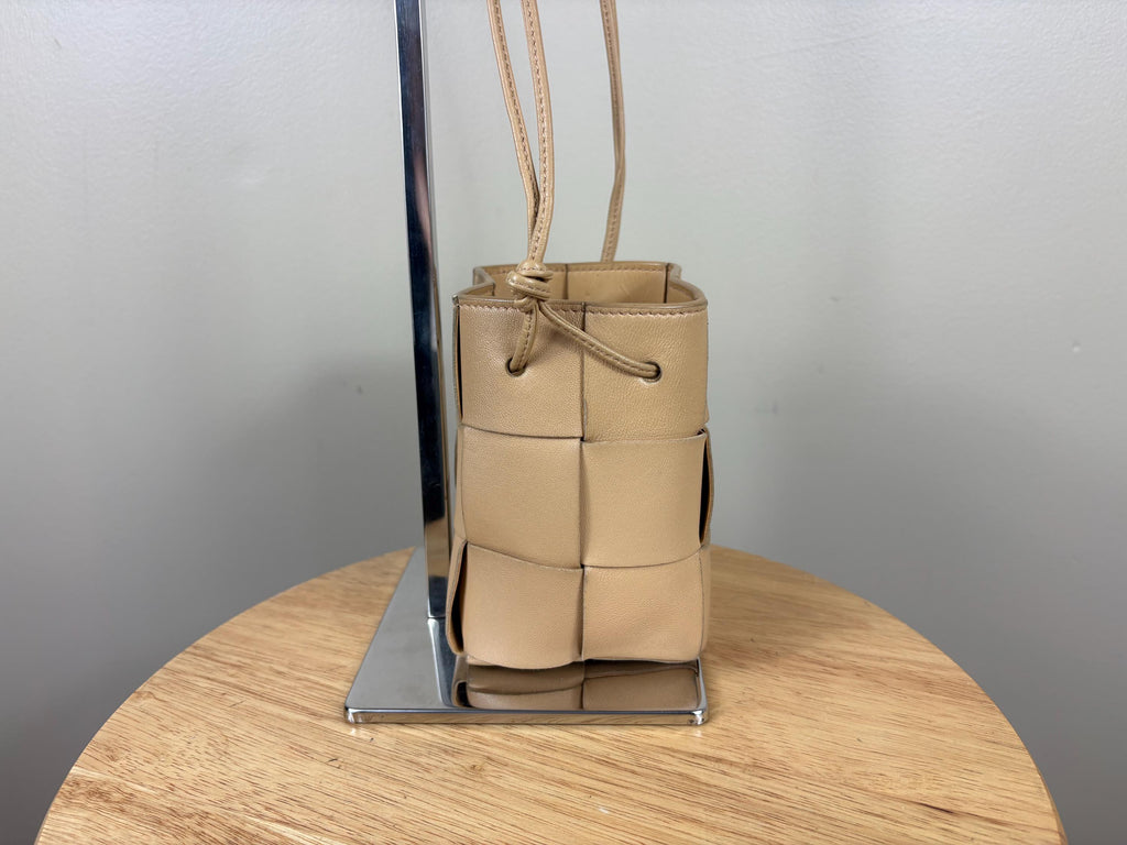 Authentic Bottega Veneta Beige Mini Cassette Bucket Leather Crossbody Bag