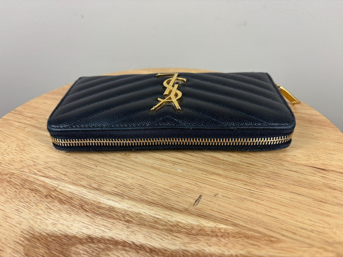 Authentic Saint Laurent YSL Black Leather Zippy Wallet w/ Gold Hardware